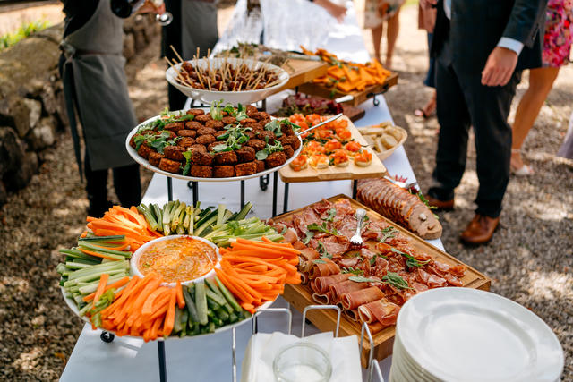 Food set up outside for wedding party